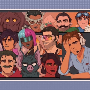 May include: A digital illustration showing a grid of character portraits. The characters have varied appearances, including a rock-like figure, a person with goggles, and individuals with unique hairstyles and accessories. The colour palette is vibrant, with a focus on skin tones and bold accents.