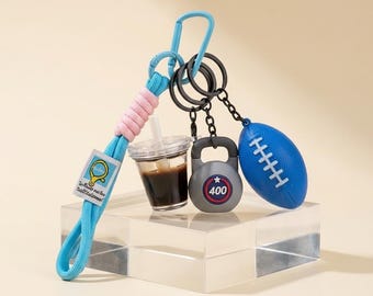 Mini Sports Keychain Set | Colorful Fitness Bag Charm | Football Dumbbell Bottle Pendant | Fun Gym Gift for Active Lifestyle