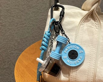 Mini Dumbbell Drink Cup Keychain | Blue Gym Style Bag Charm | Fitness Lover Gift | Cute Workout Accessory | Sporty Aesthetic Keyring