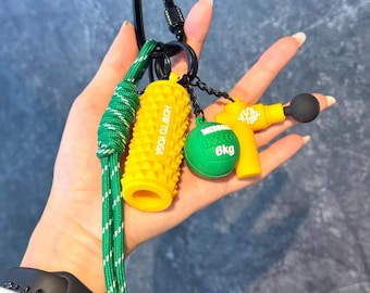Ultimate Fitness Keychain | Mini Foam Roller, Med Ball & Massage Gun Charm | Paracord Gym Bag Accessory