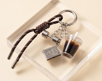 Mini Gym Keychain Set | Metal Fitness Bag Charm | Dumbbell Plate Bottle Pendant | Sporty Keyring Gift for Gym Lovers