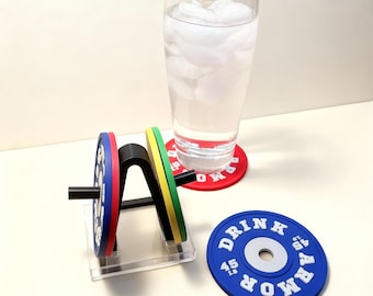 Barbell Plate Silicone Coaster Set | Anti-Slip Gym Drink Coasters with Weightlifting Stand | Fitness Desk Decor Gift