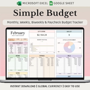 Puede incluir: Una pantalla de portátil muestra una hoja de cálculo Simple Budget para el seguimiento mensual, semanal, quincenal y de nómina. La interfaz muestra resúmenes financieros, incluyendo ingresos, gastos y ahorros, con un enfoque en el presupuesto de febrero. La hoja de cálculo está diseñada para descarga instantánea y moneda global.