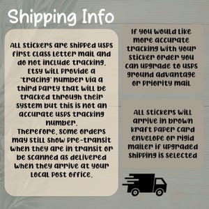 Może przedstawiać: Obraz z tekstem o informacjach o wysyłce naklejek. Naklejki są wysyłane pocztą USPS pierwszej klasy i nie zawierają śledzenia. Dostępne są ulepszenia dla dokładniejszego śledzenia.