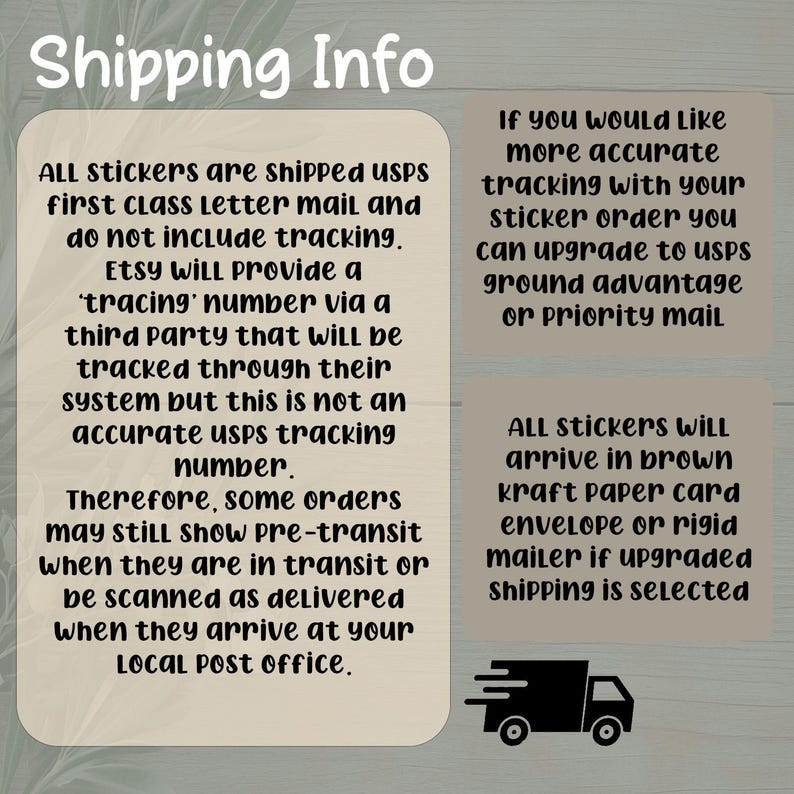 Może przedstawiać: Obraz z tekstem o informacjach o wysyłce naklejek. Naklejki są wysyłane pocztą USPS pierwszej klasy i nie zawierają śledzenia. Dostępne są ulepszenia dla dokładniejszego śledzenia.