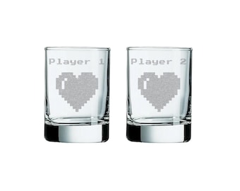 Gaming shot glass set - Player 1 & Player 2 Pixel Hearts