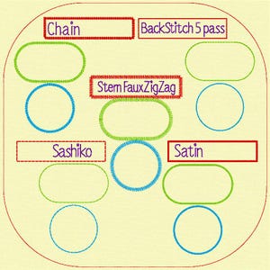 May include: An embroidered design on a cream background features various stitch types. The design includes text labels for "Chain," "BackStitch 5 pass," "Stem FauxZigZag," "Sashiko," and "Satin." The design also includes green ovals, blue circles, and a red border.