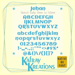 Peut inclure: Un échantillon de police numérique présentant la police "Jehan" en bleu clair avec un motif rayé. L'image affiche l'alphabet, les chiffres et les symboles, ainsi que le logo "KafRay Kreations" et l'étiquette "Native BX Font".
