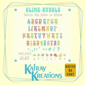 Puede incluir: Un conjunto de fuentes digitales llamado "Slime Bubble" con letras, números y símbolos con un diseño de goteo de limo. La fuente incluye elementos decorativos y es creada por KafRay Kreations. Tamaño de fuente de 20 mm a 200 mm.