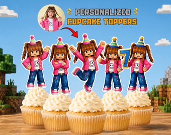Personalized Cupcake Toppers | Gamer Girl Birthday Party | Pink Pixel Gaming Toppers | Custom Photo Cake Toppers |Printable Digital Download