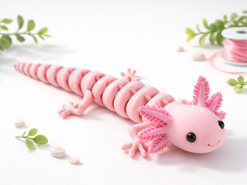 May include: A pink axolotl figurine with a segmented body and feathery gills. The salamander-like creature has small legs and a smiling face. The figurine is set against a white background with decorative elements.