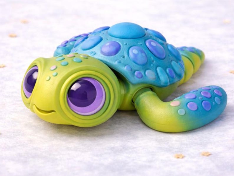 Op de afbeelding: Een speelse speelgoed schildpad in groen, blauw en geel. De schildpad heeft grote, expressieve ogen met paarse irissen en een lachend gezicht. De schild is helderblauw met lichtere blauwe en paarse accenten.