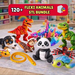 May include: A collection of colorful, articulated animal figures, including a T-Rex, panda, dog, and snake. The figures are in a variety of colors and are arranged on a patterned surface. Text reads "120+ FLEXI ANIMALS STL BUNDLE".