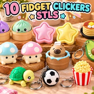 May include: A collection of 10 fidget clicker keychains featuring various designs including purple and green dumplings in steamers, pink and yellow stars, a pancake stack, blue and pink mushrooms, a capybara, an avocado, a turtle, a soccer ball, and popcorn.