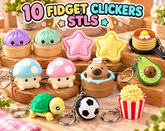 May include: A collection of 10 fidget clicker keychains featuring various designs including purple and green dumplings in steamers, pink and yellow stars, a pancake stack, blue and pink mushrooms, a capybara, an avocado, a turtle, a soccer ball, and popcorn.