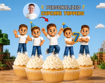 Personalized Pixel Party Cupcake Toppers | Custom Boy Birthday Toppers | Block Style Party Decor | Video Game Birthday | Digital Download