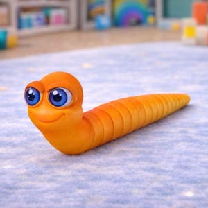 Pu&ograve; includere: Un verme arancione in stile cartone animato con un volto sorridente e grandi occhi blu. Il verme &egrave; segmentato e giace su una superficie azzurra con piccole forme di stella gialle. Lo sfondo &egrave; sfocato.