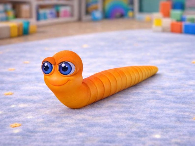 Pu&ograve; includere: Un verme arancione in stile cartone animato con un volto sorridente e grandi occhi blu. Il verme &egrave; segmentato e giace su una superficie azzurra con piccole forme di stella gialle. Lo sfondo &egrave; sfocato.