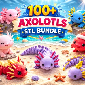 May include: A vibrant image showcasing a collection of colorful axolotl figurines. The scene includes various axolotls in shades of pink, red, blue, and purple, some adorned with festive hats. The text "100+ AXOLOTLS STL BUNDLE" is prominently displayed.