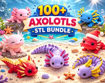 100+ Axolotl STL-bundel | Leuke 3D-afdrukbestanden van Axolotl | Gelede Flexi Axolotl-modellen | Kawaii dieren SBL | Direct downloaden