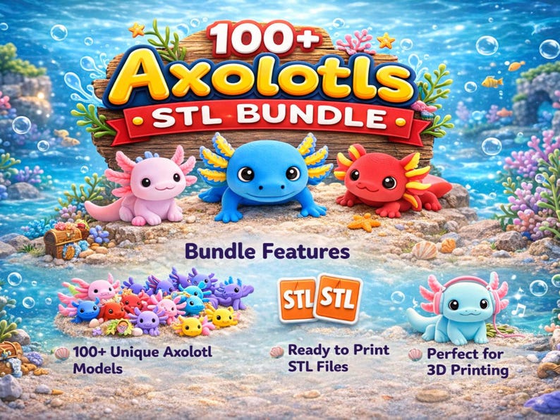 May include: An image promoting an STL bundle featuring over 100 unique axolotl models. The image showcases three colorful axolotls and highlights features like ready-to-print STL files and suitability for 3D printing. The text "100+ Axolotls STL BUNDLE" is prominently displayed.