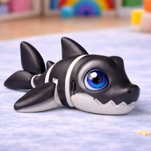 Pu&ograve; includere: Un giocattolo a forma di squalo bianco e nero con grandi occhi blu. Lo squalo ha una pancia bianca e una fila di denti bianchi. Il giocattolo &egrave; appoggiato su una superficie azzurra con piccole decorazioni a forma di stella gialla.