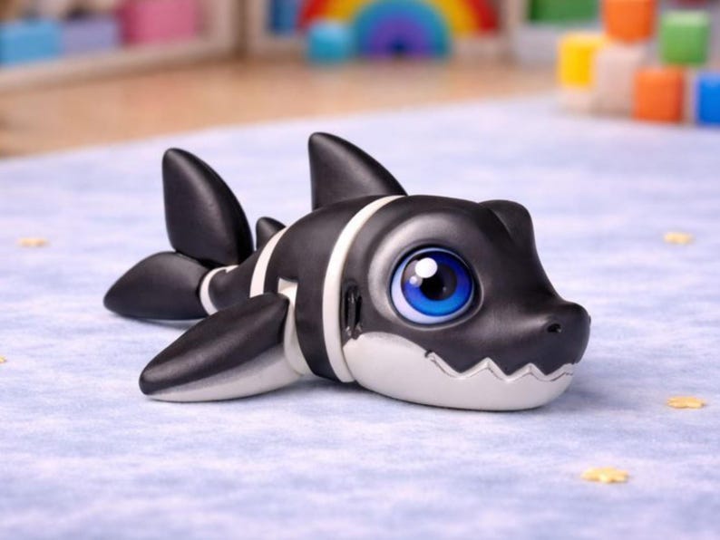 Pu&ograve; includere: Un giocattolo a forma di squalo bianco e nero con grandi occhi blu. Lo squalo ha una pancia bianca e una fila di denti bianchi. Il giocattolo &egrave; appoggiato su una superficie azzurra con piccole decorazioni a forma di stella gialla.