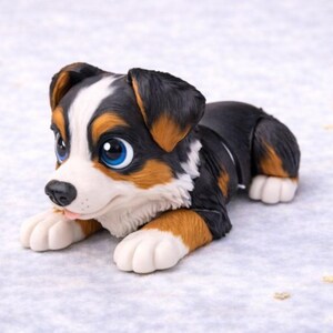 Op de afbeelding: Een handgemaakt beeldje van een puppy, liggend. De puppy heeft een zwart, bruin en wit vacht, met grote blauwe ogen en een roze tong. Het beeldje is gedetailleerd en lijkt van een glad materiaal te zijn gemaakt.