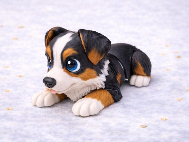 Op de afbeelding: Een handgemaakt beeldje van een puppy, liggend. De puppy heeft een zwart, bruin en wit vacht, met grote blauwe ogen en een roze tong. Het beeldje is gedetailleerd en lijkt van een glad materiaal te zijn gemaakt.