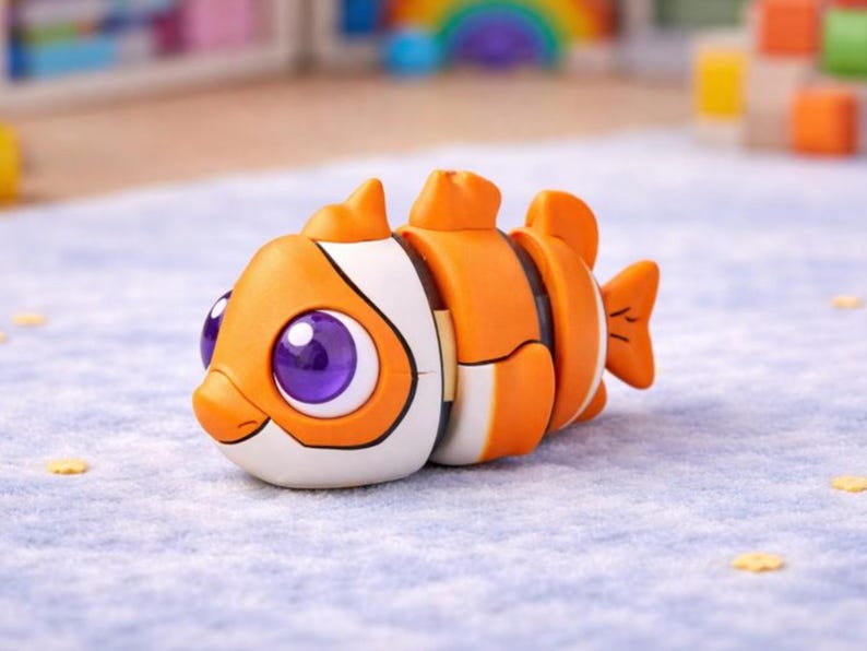 Pu&ograve; includere: Un giocattolo a forma di pesce dai colori vivaci, con strisce arancioni e bianche, grandi occhi viola e un sorriso. Il giocattolo &egrave; segmentato per consentire il movimento. &Egrave; un giocattolo per bambini.