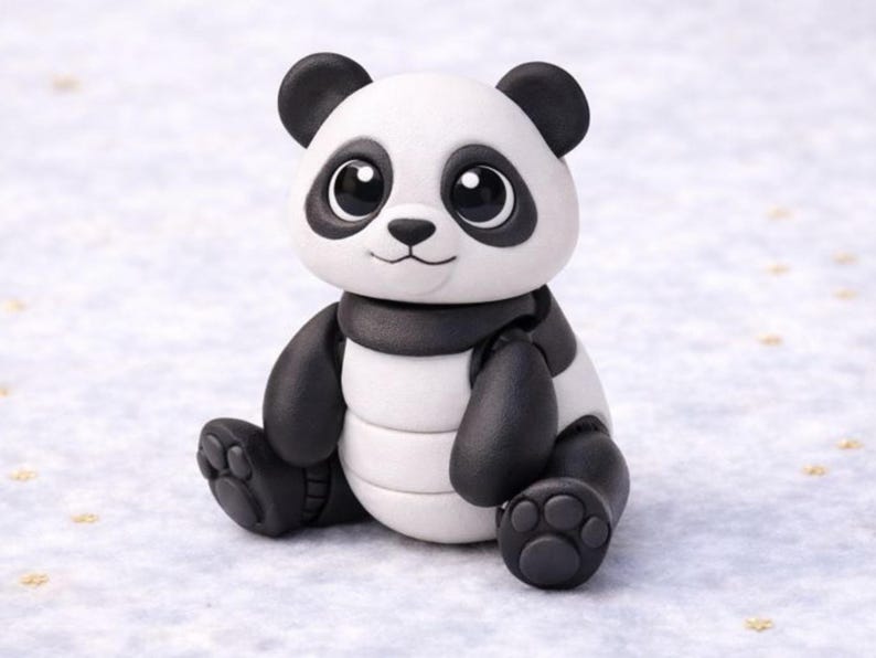Op de afbeelding: Handgemaakte pandafiguur in zwart en wit. De panda heeft zwarte oren, armen en benen en een zwarte sjaal. Hij zit met zijn poten naar voren en heeft een glimlachende uitdrukking. Een charmant decoratief item.