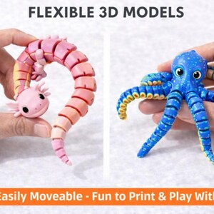 Pu&ograve; includere: Due modelli 3D flessibili: un axolotl rosa e un polpo blu. L'axolotl &egrave; rosa e arancione, mentre il polpo &egrave; blu con accenti gialli. Il testo recita "FLEXIBLE 3D MODELS" e "Easily Moveable - Fun to Print & Play With."