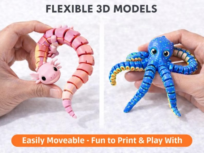 Pu&ograve; includere: Due modelli 3D flessibili: un axolotl rosa e un polpo blu. L'axolotl &egrave; rosa e arancione, mentre il polpo &egrave; blu con accenti gialli. Il testo recita "FLEXIBLE 3D MODELS" e "Easily Moveable - Fun to Print & Play With."