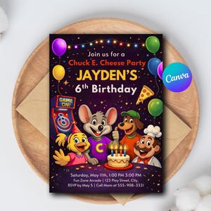 May include: A colorful birthday party invitation featuring Chuck E. Cheese characters. The invitation includes the text "Join us for a Chuck E. Cheese Party" and "JAYDEN'S 6th Birthday". Balloons, pizza, and a birthday cake are also featured.