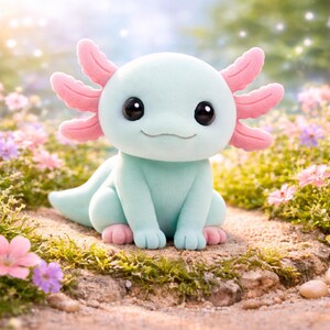 May include: A plush axolotl toy in a light teal color with pink gills and feet, set against a backdrop of flowers. The toy has large, black eyes and a smiling mouth. The scene is outdoors with soft lighting.