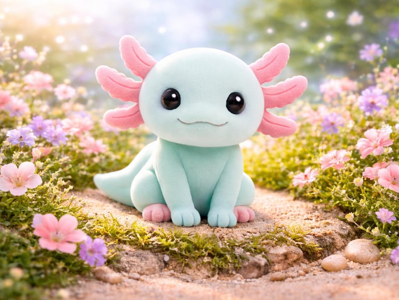 May include: A plush axolotl toy in a light teal color with pink gills and feet, set against a backdrop of flowers. The toy has large, black eyes and a smiling mouth. The scene is outdoors with soft lighting.