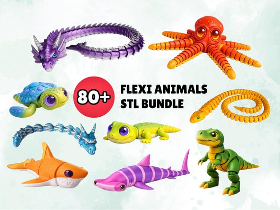 80+ Flexi Animals STL Bundle | Articulated 3D Flexi Animals Print Files | Flexi Dragon, Shark, Octopus, Dinosaur | Fidget Toy STL Pack