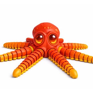 Pu&ograve; includere: Un giocattolo a forma di polpo arancione brillante con grandi occhi espressivi e tentacoli segmentati. Il giocattolo ha una testa arrotondata e ogni tentacolo &egrave; una sfumatura di arancione e giallo. Il polpo &egrave; su sfondo bianco.
