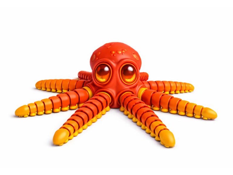 Pu&ograve; includere: Un giocattolo a forma di polpo arancione brillante con grandi occhi espressivi e tentacoli segmentati. Il giocattolo ha una testa arrotondata e ogni tentacolo &egrave; una sfumatura di arancione e giallo. Il polpo &egrave; su sfondo bianco.