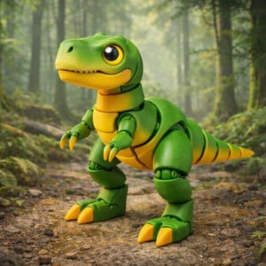 Op de afbeelding: Een groen en gele speelgoeddinosaurus staat op een bospad. De dinosaurus heeft grote, expressieve ogen, een gele buik en beweegbare ledematen. De achtergrond toont een weelderig bos met bomen en varens.