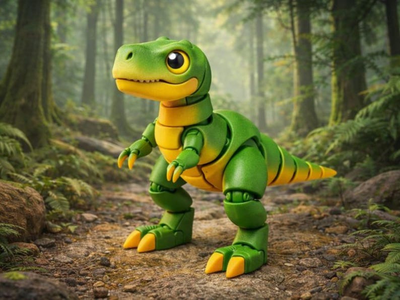 Op de afbeelding: Een groen en gele speelgoeddinosaurus staat op een bospad. De dinosaurus heeft grote, expressieve ogen, een gele buik en beweegbare ledematen. De achtergrond toont een weelderig bos met bomen en varens.