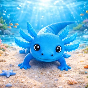 May include: A vibrant blue axolotl figurine with large, expressive eyes and feathery gills, resting on a sandy seabed. The underwater scene includes bubbles, starfish, and colorful coral, creating a whimsical aquatic theme.