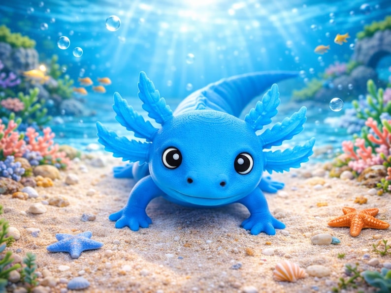 May include: A vibrant blue axolotl figurine with large, expressive eyes and feathery gills, resting on a sandy seabed. The underwater scene includes bubbles, starfish, and colorful coral, creating a whimsical aquatic theme.