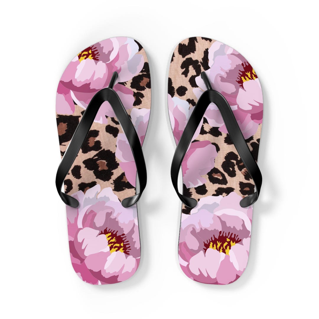 Pink Floral Leopard Flip Flops | Tropical Flower Pattern Sandals - Etsy