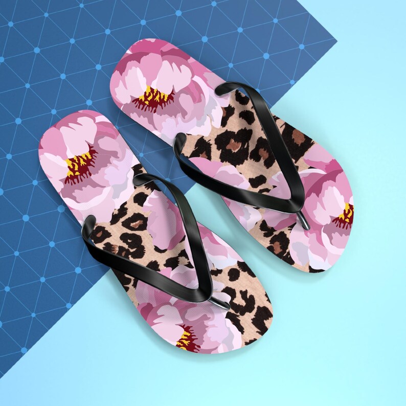 Pink Floral Leopard Flip Flops | Tropical Flower Pattern Sandals - Etsy