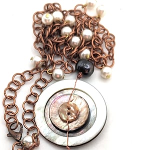 Repurposed Vintage Mother of Pearl Shell Buttons, Fresh Water Pearl and Quartz Necklace