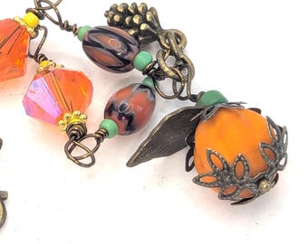 Beaded Glass Pumpkin and Pinecone Charm Necklace