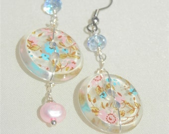 Wildflower Vintage Button Dangle Earrings with Pearls