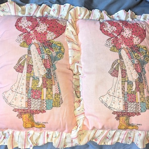 Vintage Handmade Pair of Holly Hobbie Pillows Licensed Fabric Pink Hat