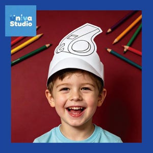 May include: A smiling child wearing a white paper hat with a black outline of a whistle. The background is a deep red with colorful pencils scattered around the child's head. The logo for Niva Studio is in the upper left corner.